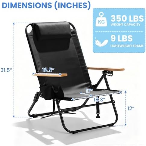2 Pack Premium 5-Position Reclining Camping Chair - Portable Folding Lightweight Outdoor Chair with Wooden Armrests, Headrest & Pockets, 350lbs Heavy Duty for Beach, Patio, Backyard, Black