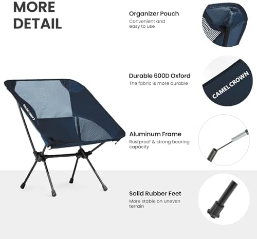 CAMEL CROWN Portable Camping Chair Lightweight Compact Folding Chair Mesh for Outdoor Camp Travel Beach Picnic Festival Hiking Backpacking Navy Blue 2 Pack