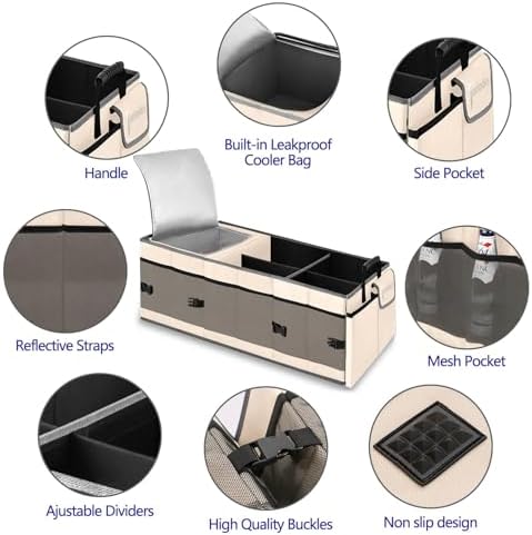 Trunk Organizer and Storage with Built-In Insulated Leak Proof Cooler Bag