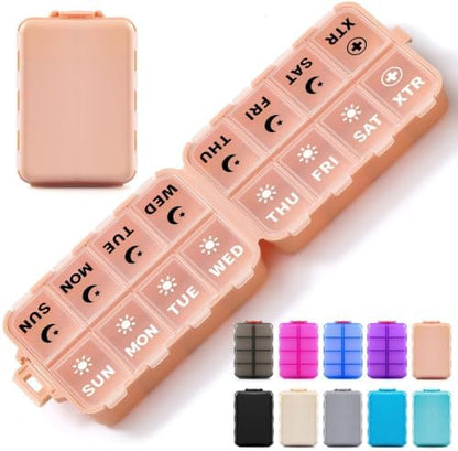 Foldable Portable 7 Day Pill Organizer 2 Times a Day, AM PM Weekly Pill Box