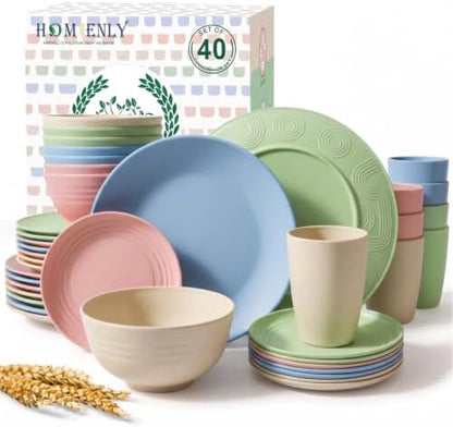 Homienly Kitchen Plates and Bowls Set 40 PCS Microwave and Dishwasher Safe Wheat Straw Dinnerware Sets Dish Sets for 8 Kitchen Plate Set for Camping, RV, Party, Apartment, Picnic, Kids-Multilight