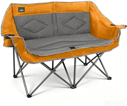 Northroad Folding Loveseat Camping Chair Portable Double Duo Full Padded Garden Sofa Chair for 2 Person w/ 2 Cup Holder,Wine Glass Holder,Support 600lbs for Outdoor Travel (Orange)