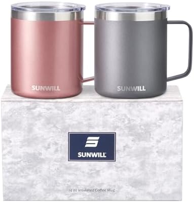 SUNWILL Travel Coffee Mug with Lid, Insulated Tumbler with Handle, 14 oz Stainless Steel Cup Set of 2 for Camping, Outdoor, Cool Grey & Rose Gold 2 Pack