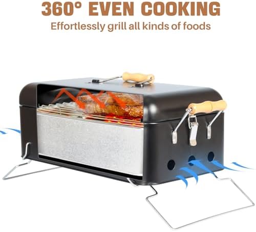 Tabletop Charcoal Grill with Locking Lid & Handles, 16.5" x 9" Travel Size