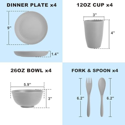 Wheat Straw Dinnerware Sets, 20 PCS Service for 4, Dishwasher & Microwave Safe Kids Plates and Bowls Sets, Unbreakable Lightweight Outdoor Camping Dishes - Gray