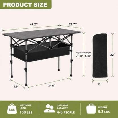 Aoran Folding Camping Table,Portable Adjustable Height Roll Up Table with Mesh Storage Net & Carry Bag,Lightweight Picnic Table for Tailgate Outdoor Backyard BBQ Patio