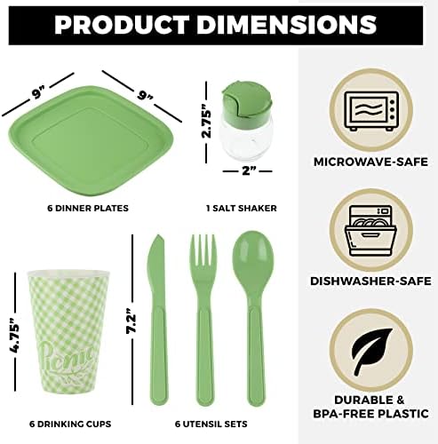 Tribello Camping Picnic Dishes Set with Case, 32 Plastic Reusable Cutlery - BPA Free, Microwave / Dishwasher Safe