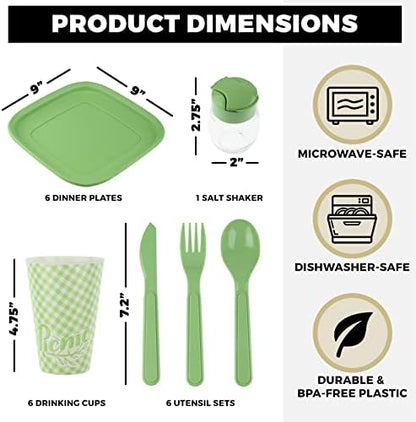 Tribello Camping Picnic Dishes Set with Case, 32 Plastic Reusable Cutlery - BPA Free, Microwave / Dishwasher Safe