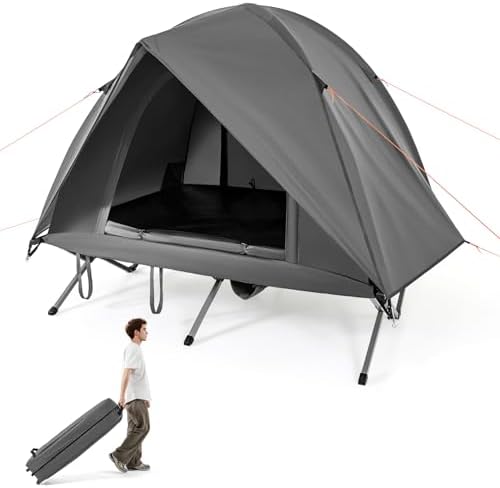 Tangkula 2 Person Tent Cot, Portable Off Ground Elevated Camping Tent with Cot, Removable Rainfly, Wheeled Bag, Stakes & Wind Ropes for Beach, Picnic, Hiking, Travel