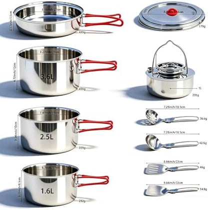 Foldable 18/8 Stainless Steel Camping Cookware 11pcs for 4-8 People