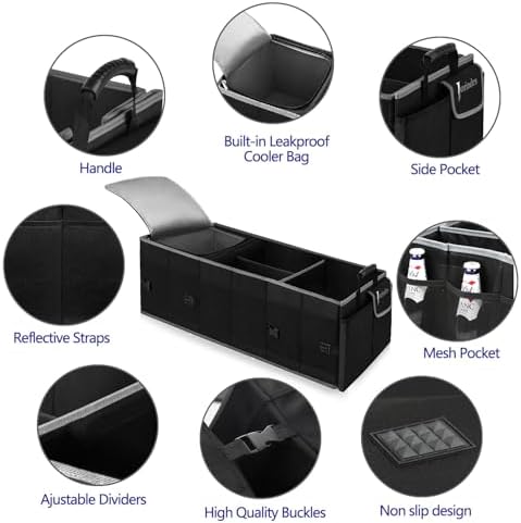 Trunk Organizer and Storage with Built-In Insulated Leak Proof Cooler Bag
