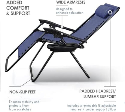 Nestl Zero Gravity Chairs Set of 2, Patio Lounge Chair Outdoor with Pillows & Cup Holder Trays, Adjustable Steel Mesh Reclining Camping Chair, Folding Patio Lawn Chair for Deck, Beach, Yard - Blue