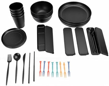 POCREATION Dinnerware Set Service for 4 Microwave Safe Dishwasher Safe Plates Bowls Set Reusable PP Cutlery for Travel Camping Picnics