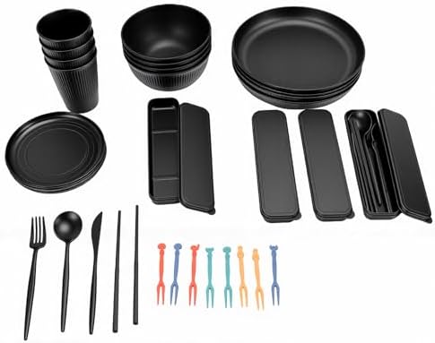 Generic Dinnerware Set for 4, 20 Piece Reusable Plates Bowls and Cutlery Set, Microwave Safe Dishwasher Safe Dinnerware with Storage Box, Ideal for Travel Camping & Picnics