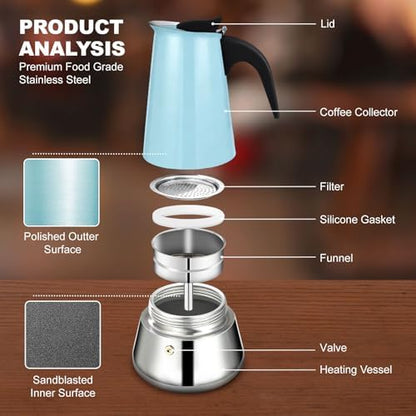 2 Cup Stovetop Espresso Maker Stainless Steel Moka Pot Stove Top Percolator Italian Coffee Makers Capable Mocha Greca Machine Cafe Classic Induction Cookers for Home and Camping 100ml 3.3oz