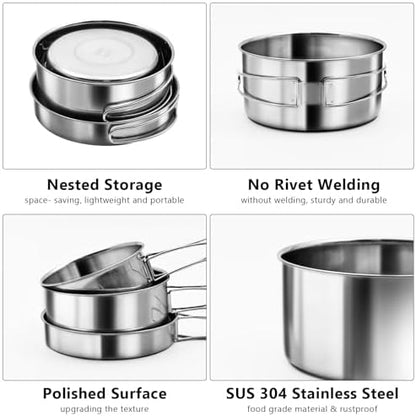 18/8 Stainless Steel Camping Cook Pot Set of 4 pcs