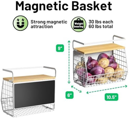 Ofiray-home Magnetic Shelf for Fridge with Wood Lid, Fruit Potato and Onion Storage Bins, Pantry Organizers & Storage, Large Container Magnetic Spice Rack for Refrigerator, Kitchen Counter (White, 1)