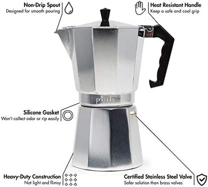 Primula Classic Stovetop Espresso and Coffee Maker, Moka Pot for Italian and Cuban Café Brewing, Greca Coffee Maker, Cafeteras, 12 Espresso Cups, Silver