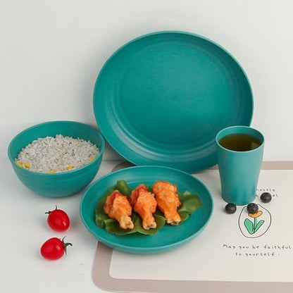 4pcs Unbreakable Wheat Straw Dinnerware Sets with Cutlery Set, Reusable Lightweight Green Microwave Dishwasher Safe Tableware for Travel，Camping，Kitchen,RV,Apartment,Dorm,Party