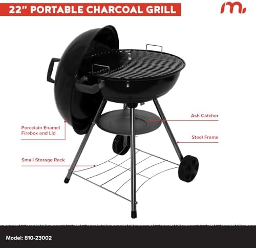 Megamaster 22" Charcoal Grill, Adjustable Air Vent with Storage Rack