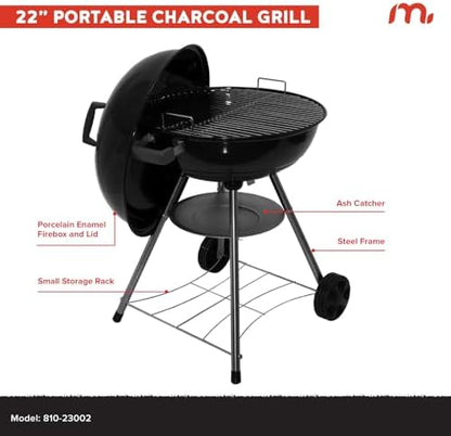 Megamaster 22" Charcoal Grill, Adjustable Air Vent with Storage Rack