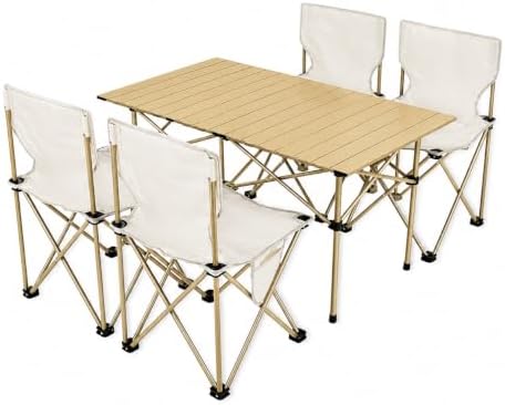 Camping Table with 4 Chairs, Portable Folding Picnic Table Set-Beige
