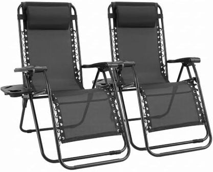 Sweetcrispy Zero Gravity Chairs Set of 2, Outdoor Folding Patio Lounge Chair with Cup Holder Tray, Portable Beach Camping Recliner for Poolside, Garden, Backyard, Lawn, Solid Black