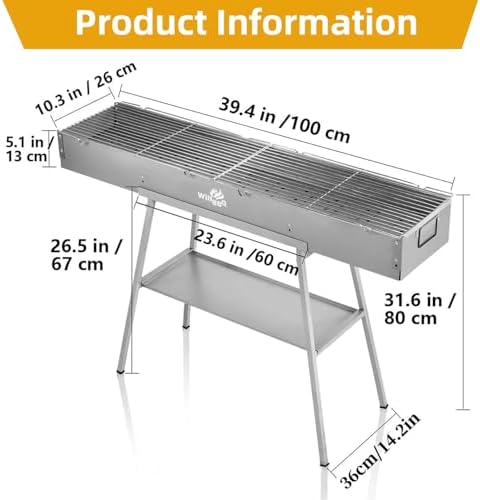 WILLBBQ Charcoal Grill, Portable BBQ Grill with Removable Stand & Shelf