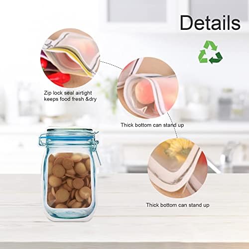 60Pcs Mason Jar Zipper Bags Reusable Snack Bags Portable Food Storage Snack Zipper Bags for Kitchen Travel Camping Picnic Organizer (15S 15M 15L 15T)