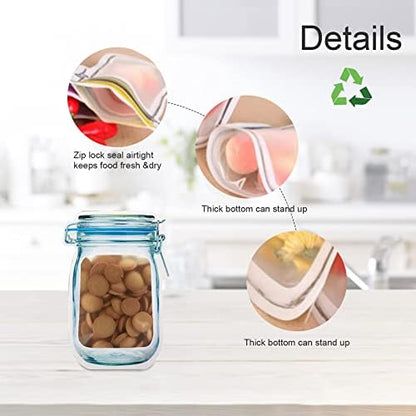 60Pcs Mason Jar Zipper Bags Reusable Snack Bags Portable Food Storage Snack Zipper Bags for Kitchen Travel Camping Picnic Organizer (15S 15M 15L 15T)