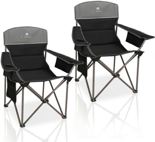 Oversized Camping Chairs 2 Pack - Heavy Duty 400LBS Padded Lawn Chair with Cooler Bag,Cup Holder,Side Pocket,Collapsible for Outdoor,Camp,Fishing & Garden,Black