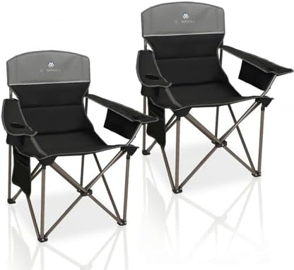 Oversized Camping Chairs 2 Pack - Heavy Duty 400LBS Padded Lawn Chair with Cooler Bag,Cup Holder,Side Pocket,Collapsible for Outdoor,Camp,Fishing & Garden,Black