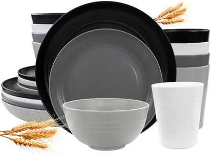 LIYH 16pcs Wheat Straw Dinnerware Sets Plastic Dinnerware Sets for 4 Plates and Bowls Sets Reusable Tableware Dish Set 8pcs Plates 4pcs Bowls 4pcs Cups Microwave Dishwasher Safe Four-color