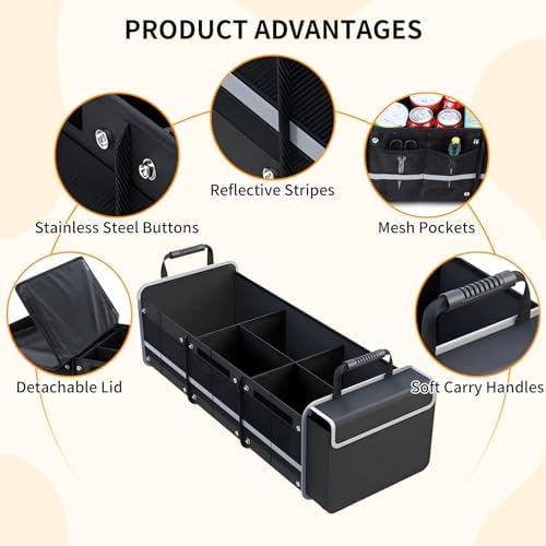 Car Trunk Organizer with Cooler Bag, Collapsible Multi-Compartment Storage Organizer for SUV Truck (Black)