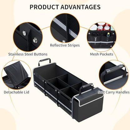 Car Trunk Organizer with Cooler Bag, Collapsible Multi-Compartment Storage Organizer for SUV Truck (Black)