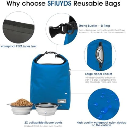 Pet Food Storage Bag Travel Dog Food Container 2PCS Collapsible Dog Travel Bowls and Zipper Side (Blue, Small)