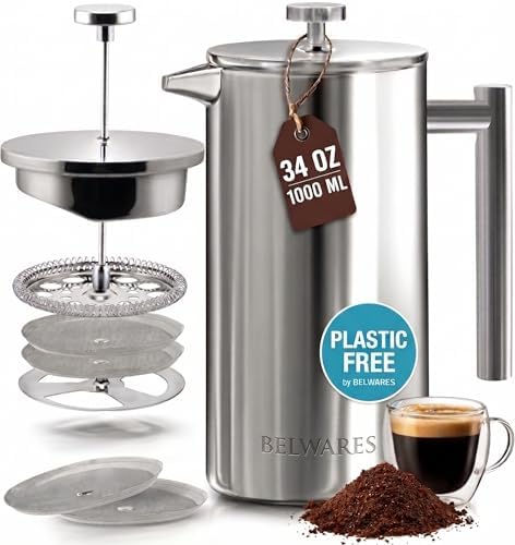 French Press Coffee Maker 34oz - 304 Stainless Steel Coffee Press, Double Wall Insulated Thermal French Press with 4-Level Filtration, 2 Extra Filters, Rust Resistant, Dishwasher Safe, 1 Liter Silver