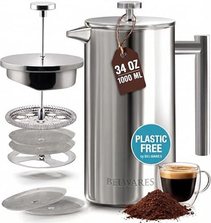 French Press Coffee Maker 34oz - 304 Stainless Steel Coffee Press, Double Wall Insulated Thermal French Press with 4-Level Filtration, 2 Extra Filters, Rust Resistant, Dishwasher Safe, 1 Liter Silver