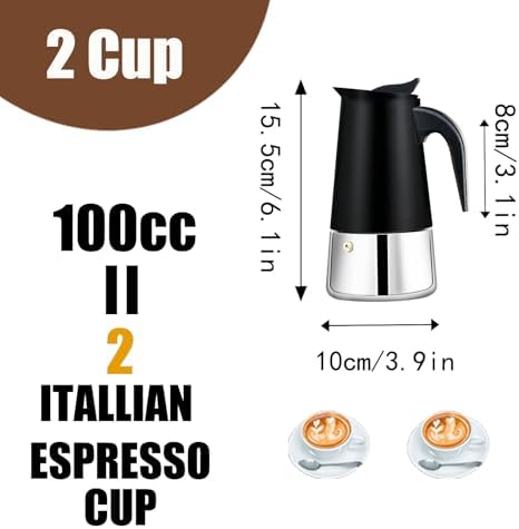 2 Cup Stovetop Espresso Maker Stainless Steel Moka Pot Stove Top Percolator Italian Coffee Makers Capable Mocha Greca Machine Cafe Classic Induction Cookers for Home and Camping 100ml 3.3oz