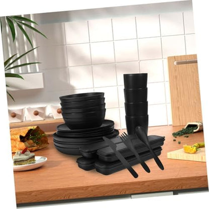 20pcs Black Dinnerware Set for 4 People with Reusable Forks, Spoons, Knives, Bowls, Plates, and Cups – Portable Picnic and Travel Utensils for Outdoor Dining