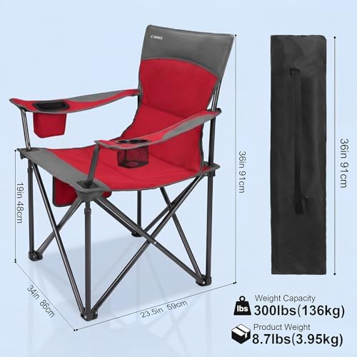 Oversized Camping Chair for Adults - 2 Pack Padded Lawn Chairs with Cup Holder & Side Pocket,Heavy Duty Folding Outdoor Chairs for Camp,Sports,Picnic,Beach,Red