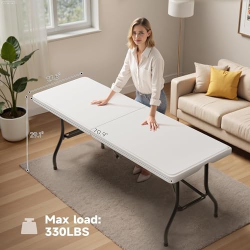 Folding Table 6 Foot - Heavy Duty 330LBS Capacity, Sturdy & Foldable Design with Safety Lock - Portable Tables Folding for Camping, Party, Indoor & Outdoor Use (Standard, 10 Pack)