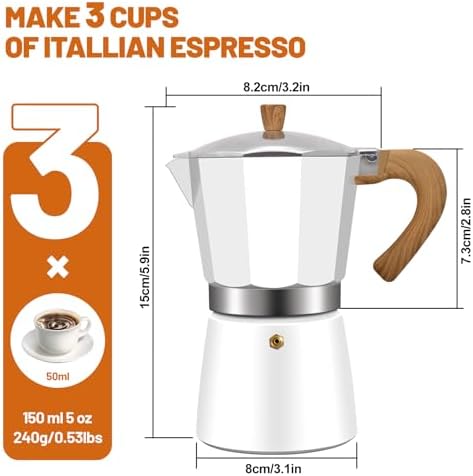 3 Cup Aluminum Espresso Stovetop Moka Pot Express Coffee Maker Percolator Italian Classic Mocha Coffee Machine for Italian and Cuban Cafe Brewing for Home & Camping 150ml 5oz