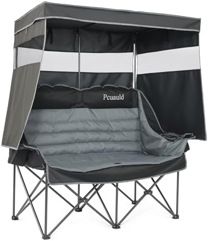 Double Camping Chair with Canopy Heavy Duty 2 Person Folding Loveseat Beach Chair with Shade High Back Oversized Outdoor Camping Couch with Cup Holders & Wine Racks for Lawn, Fishing, Sports