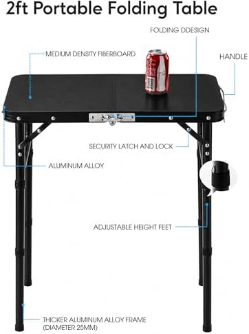 Folding Table Small, 24"Lx 16"W Aluminum Camp Table with Adjustable Height