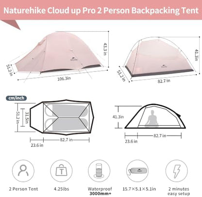 Naturehike Cloud-Up 2 Person Tent Lightweight Backpacking Tent with Footprint - Free Standing Ultralight Camping Hiking Backpack Tents Two Person Tent