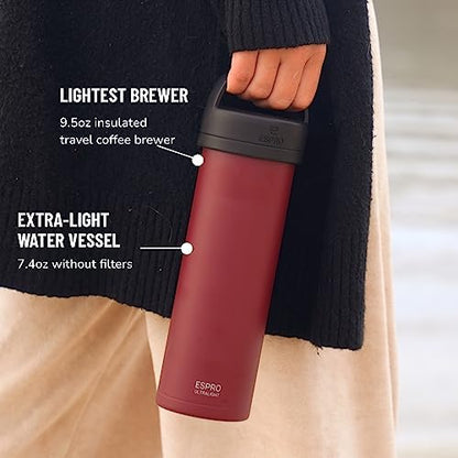 ESPRO Go P0 Ultralight French Press Coffee Maker for Travel, Vacuum Insulated Stainless Steel, 16 Ounces, Cranberry
