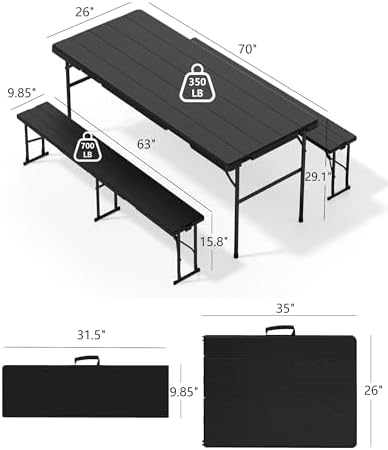 Folding Table with 2 Benches Set for Picnic, Party, Camping, School
