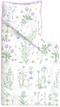 Wake In Cloud - Toddler Nap Mat with Pillow and Blanket, 100% Cotton Fabric, for Kids Girls Ages 3 Plus in Daycare Kindergarten Preschool, Sleeping Bag, Botanical Flowers