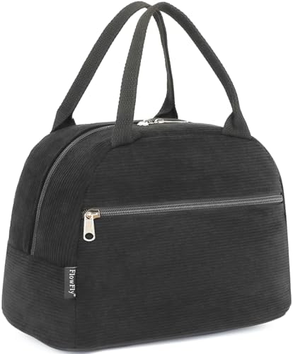 FlowFly Lunch Bag for Women Insulated Lunch Box Corduroy Lunch Tote Cooler for Travel Work Picnic,Corduroy Black